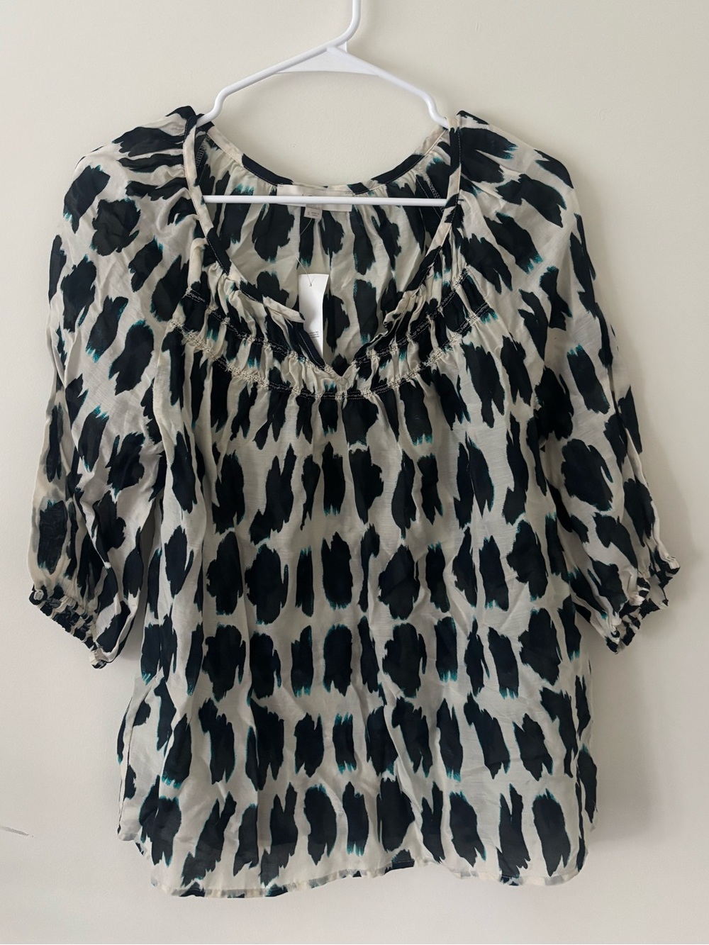 LOFT Black and Cream Abstract Spot Peasant Blouse with Teal Accents